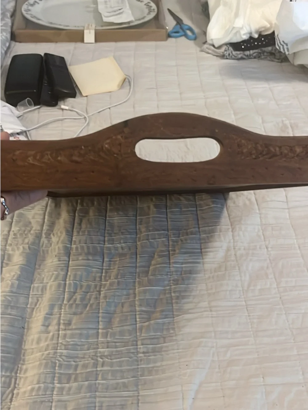 Carved Wooden Vanity Tray in Brown with Inlaid Leaf Motif